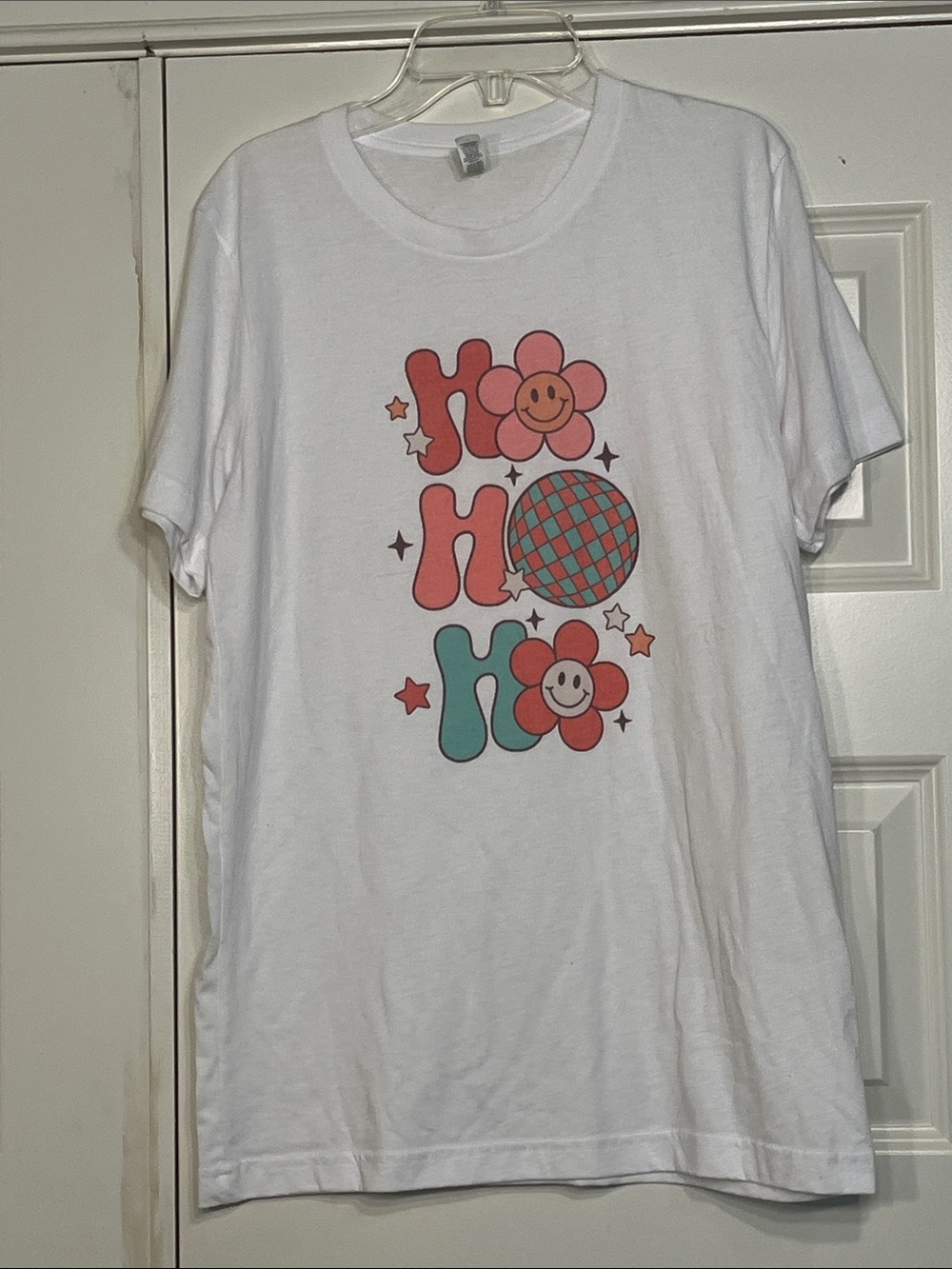 Bella Canvas White Tee with Pink Flowers & Teal Retro Disco Graphic